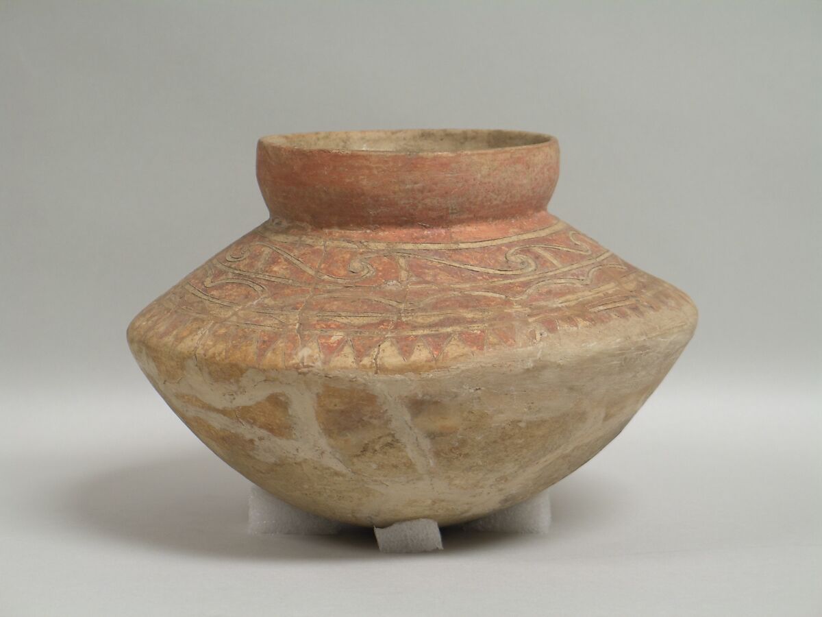 Vessel with Bulbous Body, Earthenware with buff slip and incised red oxide decoration, Thailand 