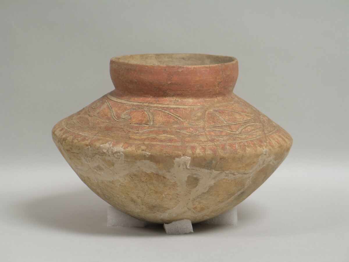 Vessel with Bulbous Body, Earthenware with buff slip and incised red oxide decoration, Thailand