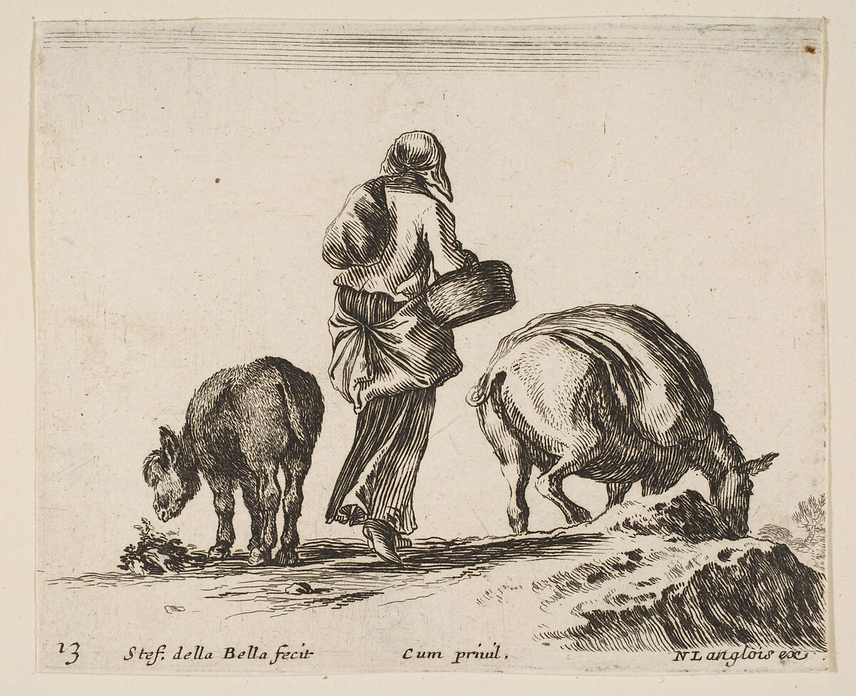 A peasant woman, seen from the back, holding a basket in center, a donkey to left and a horse with a pack on its back to right, plate 13 from "Diversi capricci", Stefano della Bella (Italian, Florence 1610–1664 Florence), Etching; third state of four 