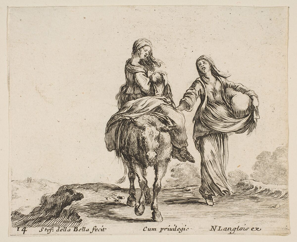 A young peasant woman and her child sitting side saddle atop a horse in center, another peasant woman to right, holding a large bag in her left arm, plate 14 from "Diversi capricci", Stefano della Bella (Italian, Florence 1610–1664 Florence), Etching; third state of four (De Vesme) 