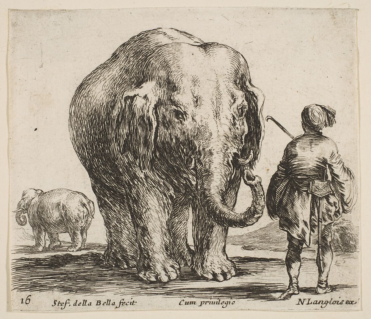 An elephant in center, his mahout standing to the right wearing an Oriental costume, another elephant to left in background, plate 16 from "Diversi capricci", Stefano della Bella (Italian, Florence 1610–1664 Florence), Etching; third state of four (De Vesme) 