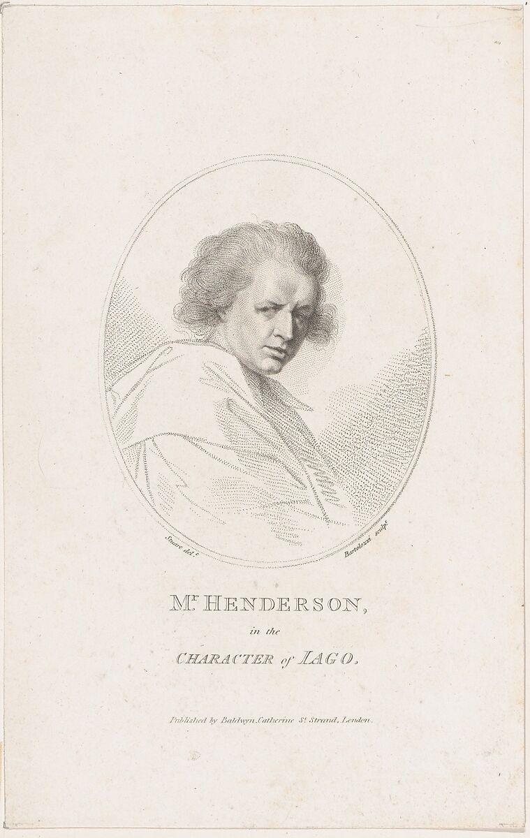 John Henderson, in the Character of Iago (Shakespeare's Othello), Francesco Bartolozzi (Italian, Florence 1728–1815 Lisbon), Stipple engraving and etching; third state of three 