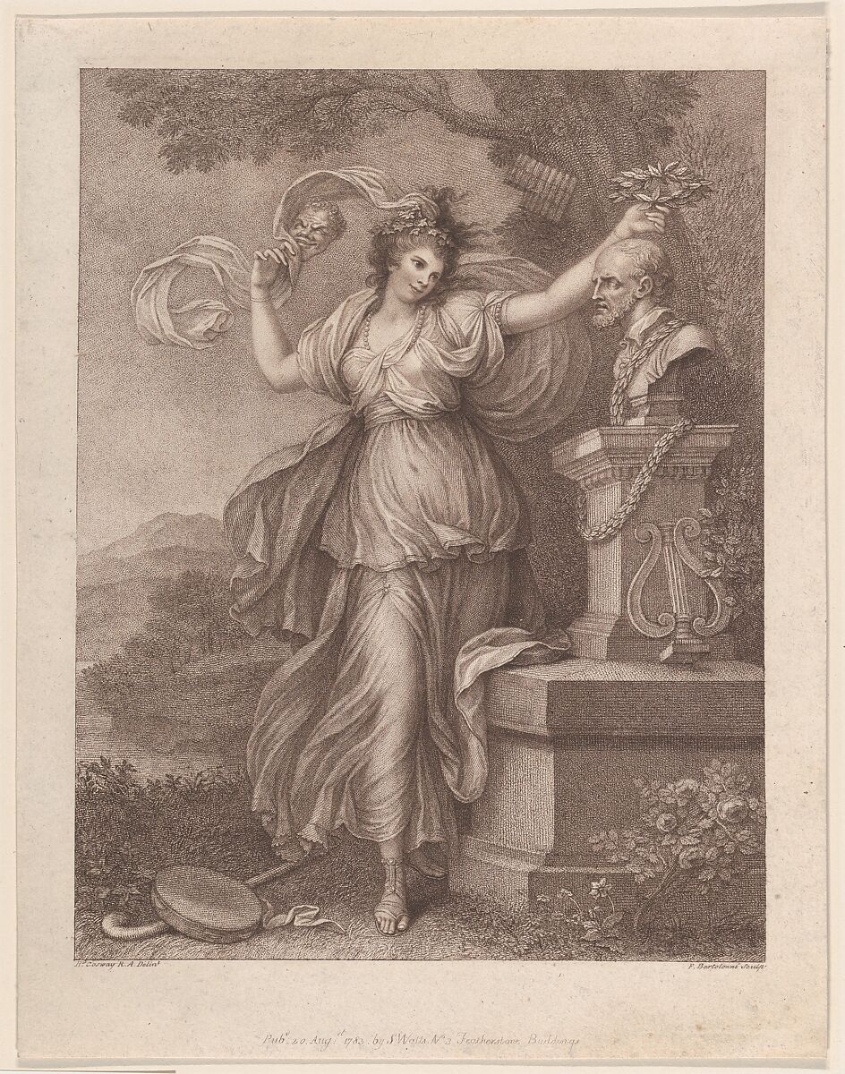 Mrs. Abington as Thalia, Francesco Bartolozzi (Italian, Florence 1728–1815 Lisbon), Stipple engraving and etching, printed in brown ink; first state of seven 