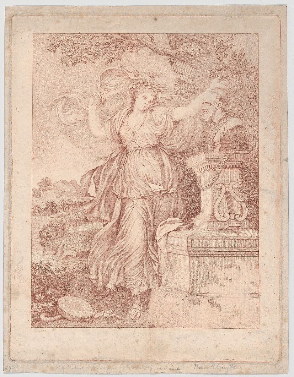 Mrs. Abington as Thalia, Francesco Bartolozzi (Italian, Florence 1728–1815 Lisbon), Stipple engraving and etching; working proof, printed in brown ink 