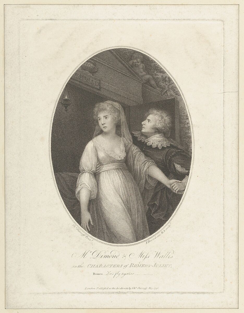 Mr. Dimond and Miss Wallis in the Characters of Romeo and Juliet, Francesco Bartolozzi (Italian, Florence 1728–1815 Lisbon), Etching and engraving, printed in brown ink; third state of three 