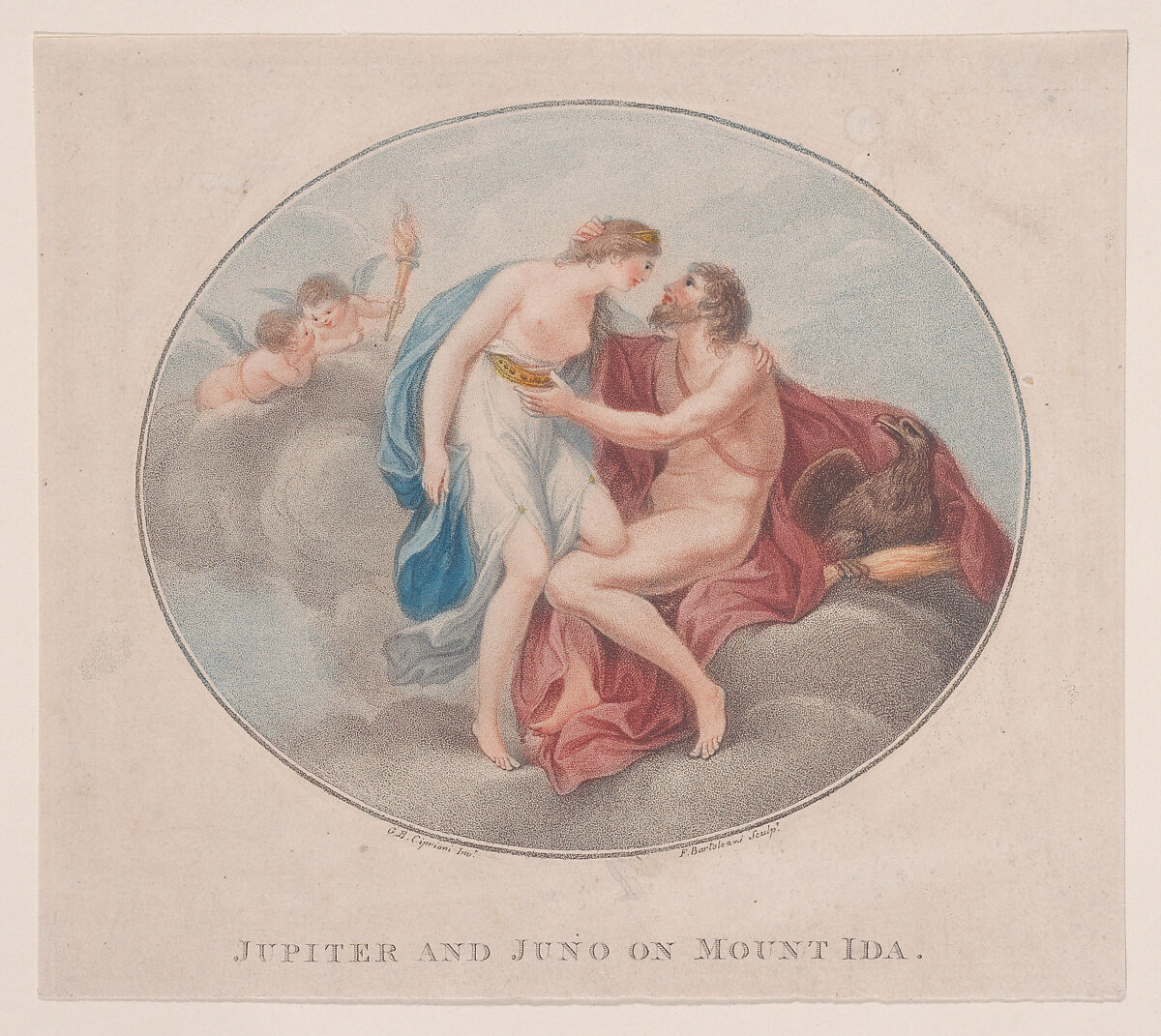 Jupiter and Juno on Mount Ida, Francesco Bartolozzi (Italian, Florence 1728–1815 Lisbon), Stipple engraving and etching, printed in color; second state of four 