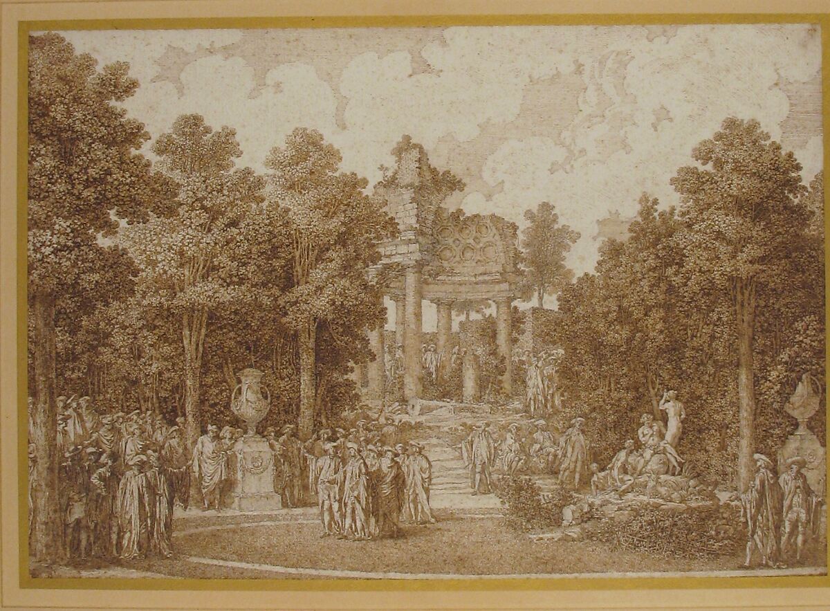 Veduta del Boschetto d'Arcadia dalla parte del Tempio, Ennemond Alexandre Petitot (French, Lyons 1727–1801 Parma), Pen and brown ink