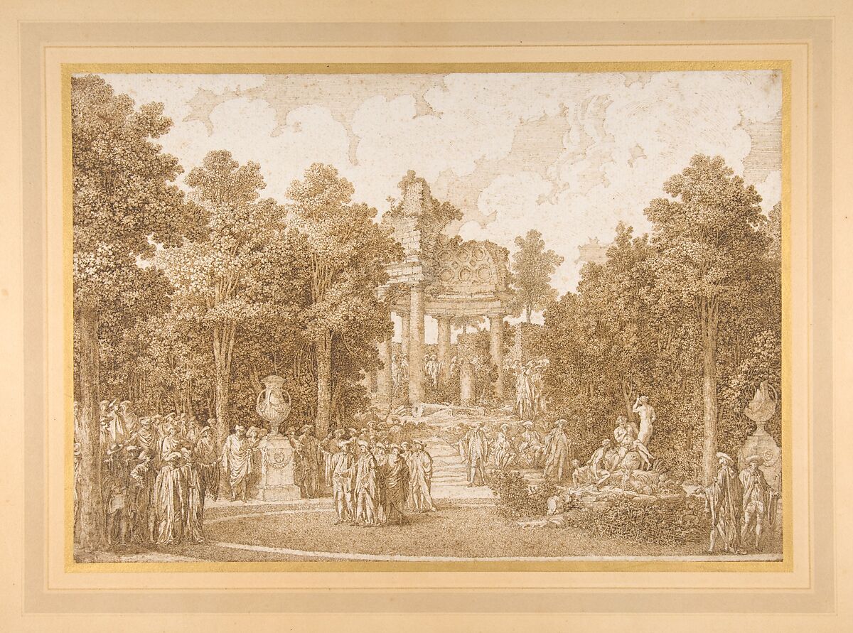 Veduta del Boschetto d'Arcadia dalla parte del Tempio, Ennemond Alexandre Petitot (French, Lyons 1727–1801 Parma), Pen and brown ink 