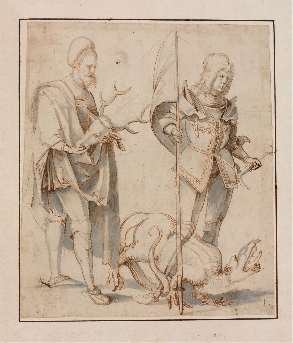 Saint Eustace and Saint George, Hans Süss von Kulmbach (German, Kulmbach ca. 1480–1522 Nuremberg), Pen and brown ink, brush and gray wash 