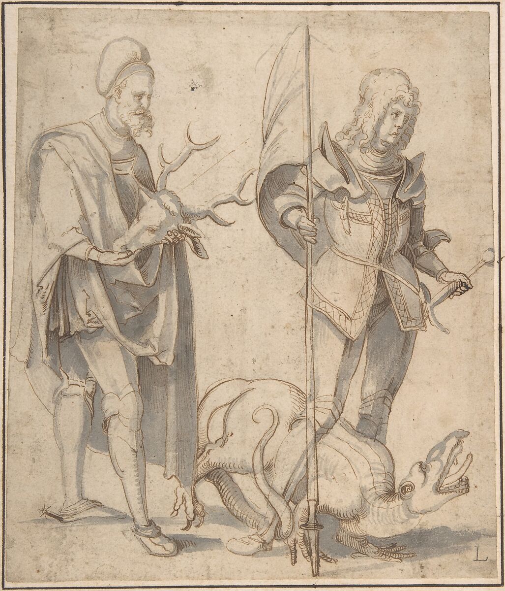 Saint Eustace and Saint George, Hans Süss von Kulmbach (German, Kulmbach ca. 1480–1522 Nuremberg), Pen and brown ink, brush and gray wash