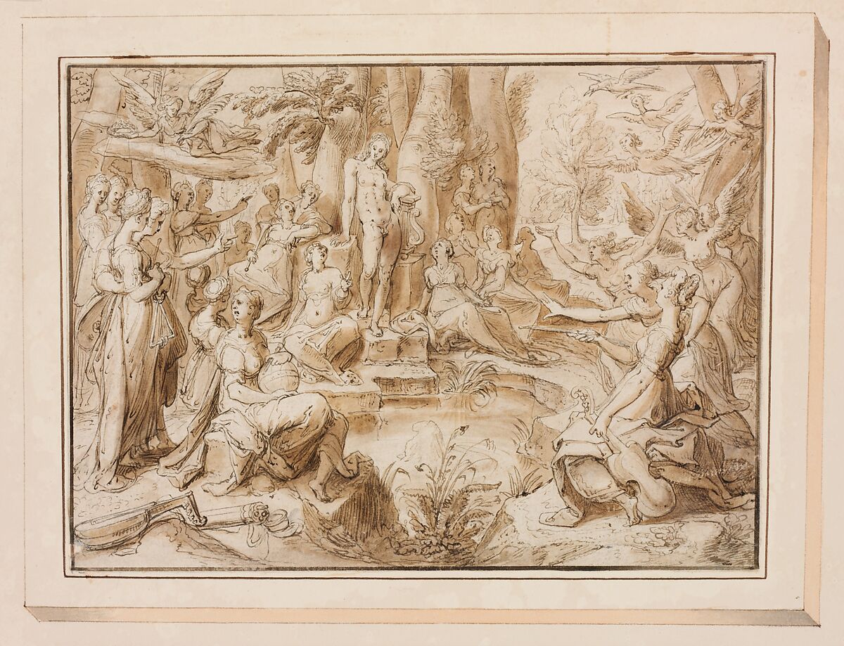 The Challenge of the Pierides, from Ovid's Metamorphosis (Book V: 294-678), Karel van Mander I (Netherlandish, Meulebeke 1548–1606 Amsterdam), Pen and brown ink, brush and brown wash; framing lines in pen and brown ink