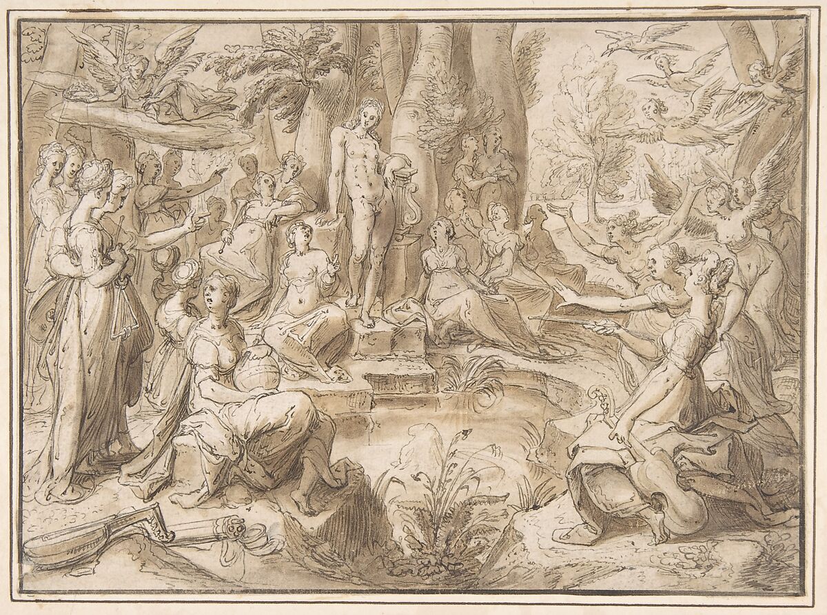 The Challenge of the Pierides, from Ovid's Metamorphosis (Book V: 294-678), Karel van Mander I (Netherlandish, Meulebeke 1548–1606 Amsterdam), Pen and brown ink, brush and brown wash; framing lines in pen and brown ink 