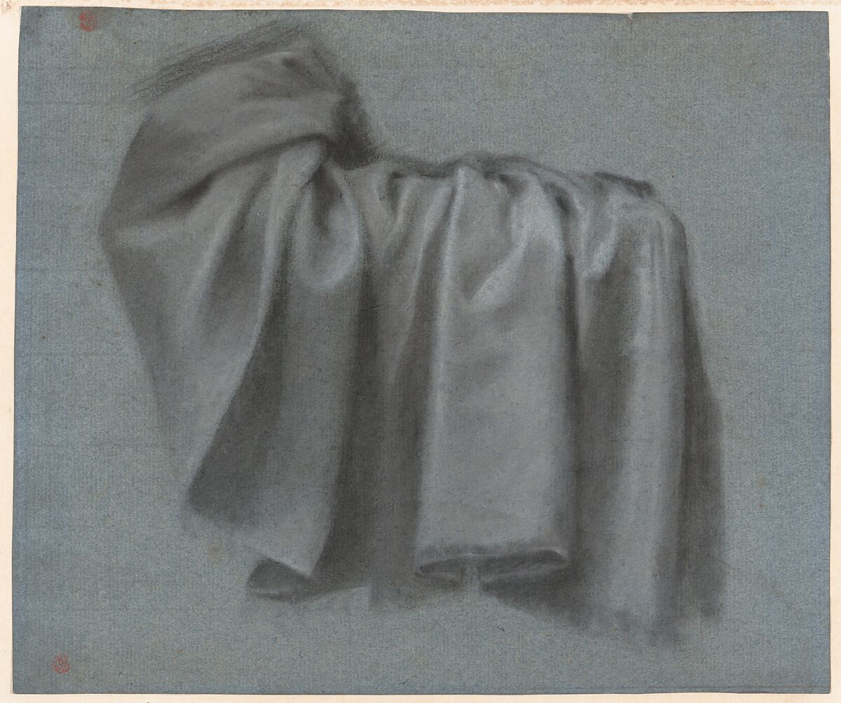Study of Drapery, Pierre Paul Prud'hon (French, Cluny 1758–1823 Paris), Black and white chalk with stumping on blue paper, some squaring in black chalk