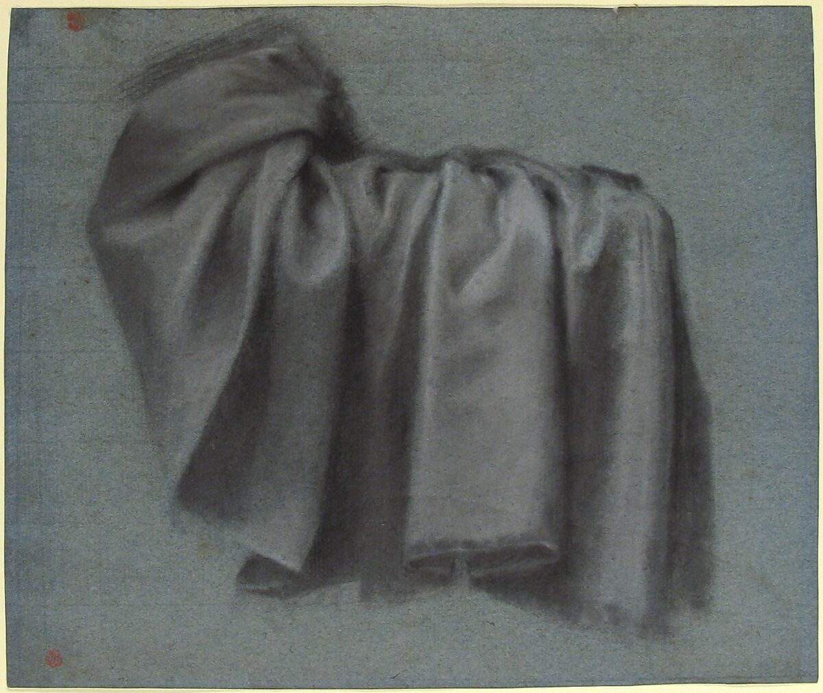 Study of Drapery, Pierre Paul Prud'hon (French, Cluny 1758–1823 Paris), Black and white chalk with stumping on blue paper, some squaring in black chalk