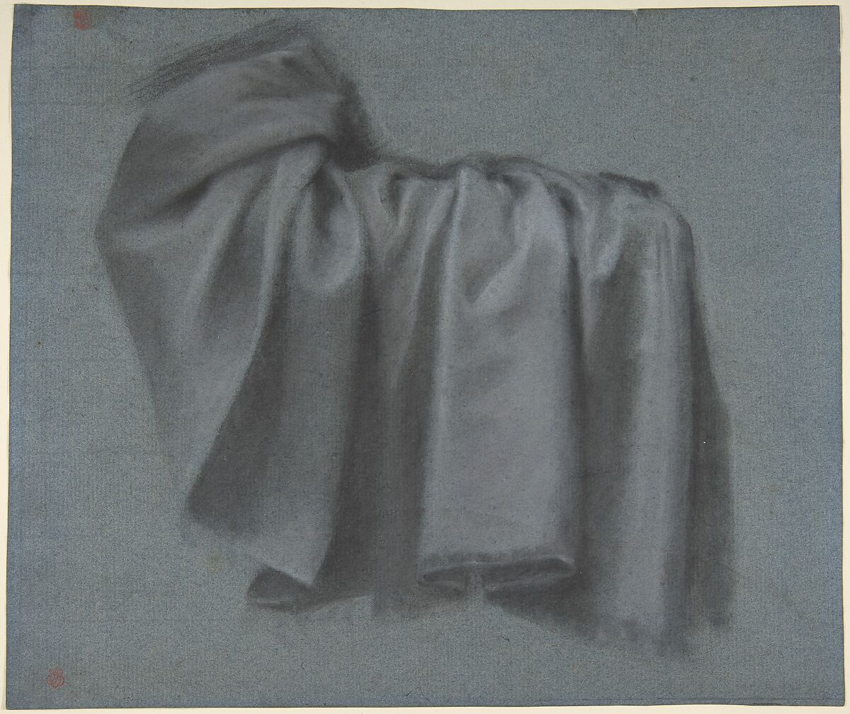 Study of Drapery, Pierre Paul Prud&#39;hon (French, Cluny 1758–1823 Paris), Black and white chalk with stumping on blue paper, some squaring in black chalk 