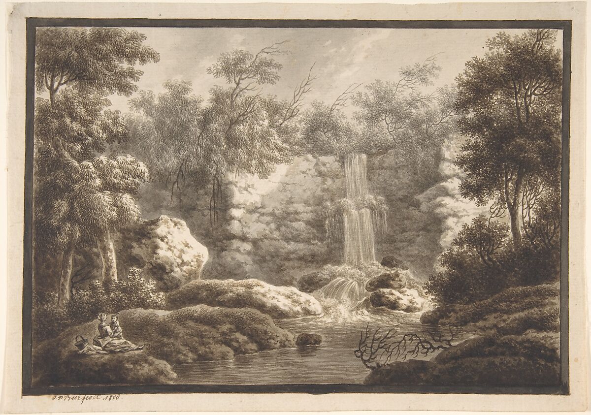 Landscape with Waterfall and a Mother and Child, Johann Peter Beer (German, Frankfurt am Main 1782–1851 Frankfurt am Main), Pen, brown and gray ink and graphite 