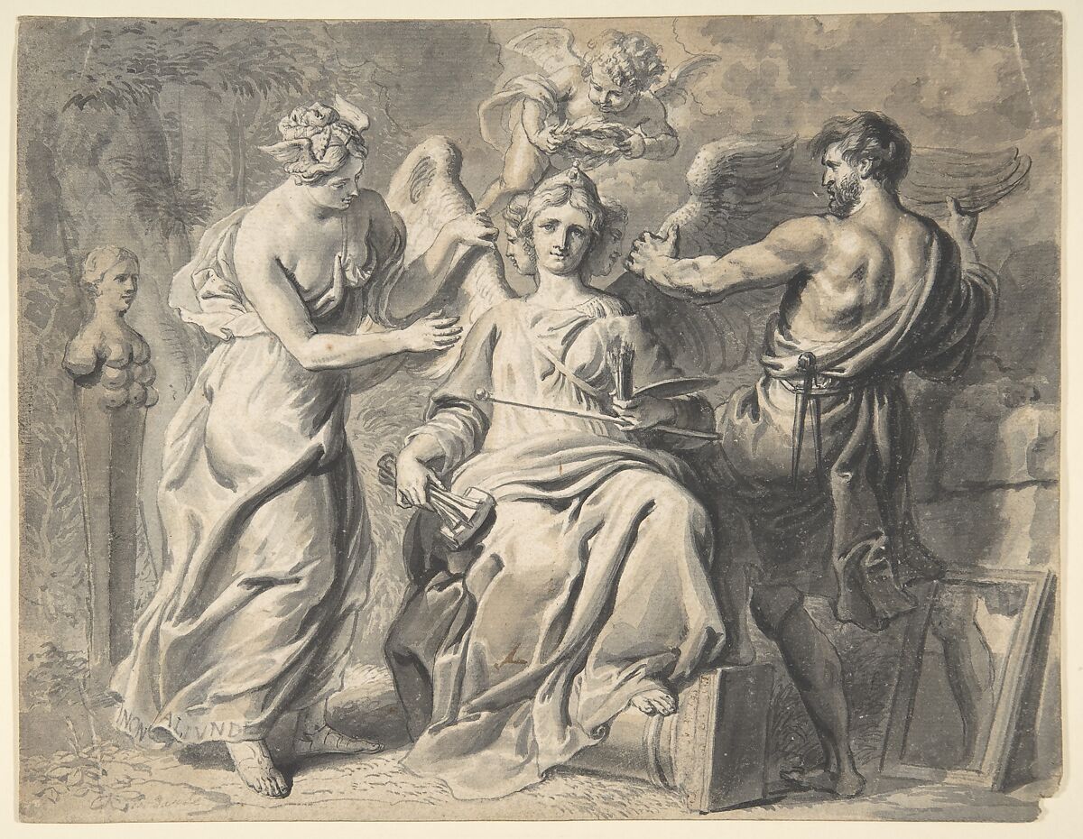 An Allegory of the Arts with Isis and Geometry Attending the Three-headed Figure of Painting and Sculpture, a Putto Crowning her with Laurels, Erasmus Quellinus (Flemish, Antwerp 1607–1678 Antwerp), Point of brush and black ink and gray wash, with brown ink, heightened with white gouache 