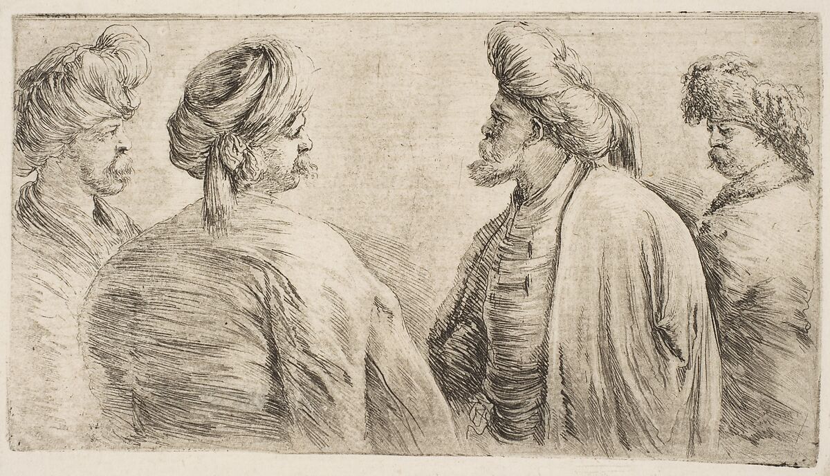 Four Turks, Half Length, Stefano della Bella (Italian, Florence 1610–1664 Florence), Etching, first or second state of two 