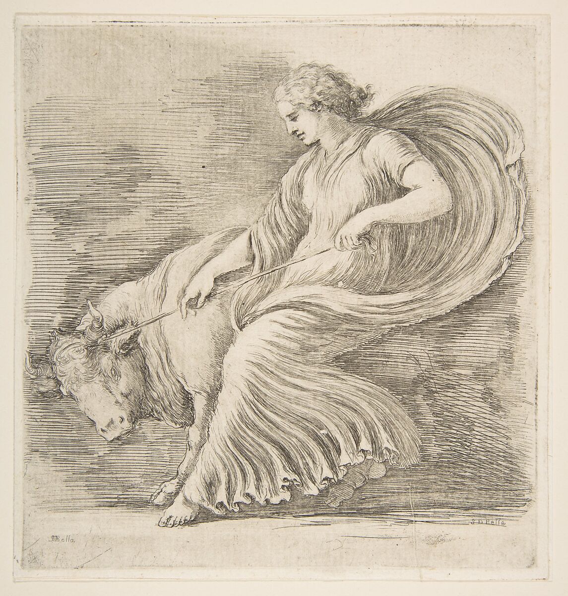 Young Woman Trying to Stop a Bull, Stefano della Bella (Italian, Florence 1610–1664 Florence), Etching, second state of two 