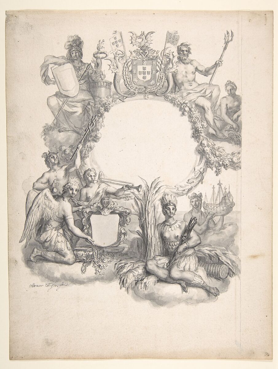 Design for a Frontispiece with an Allegory of Brazil, Ottmar Elliger the Younger (German, Hamburg 1666–1735 St. Petersburg), Pen and gray and black ink, brush and gray wash 