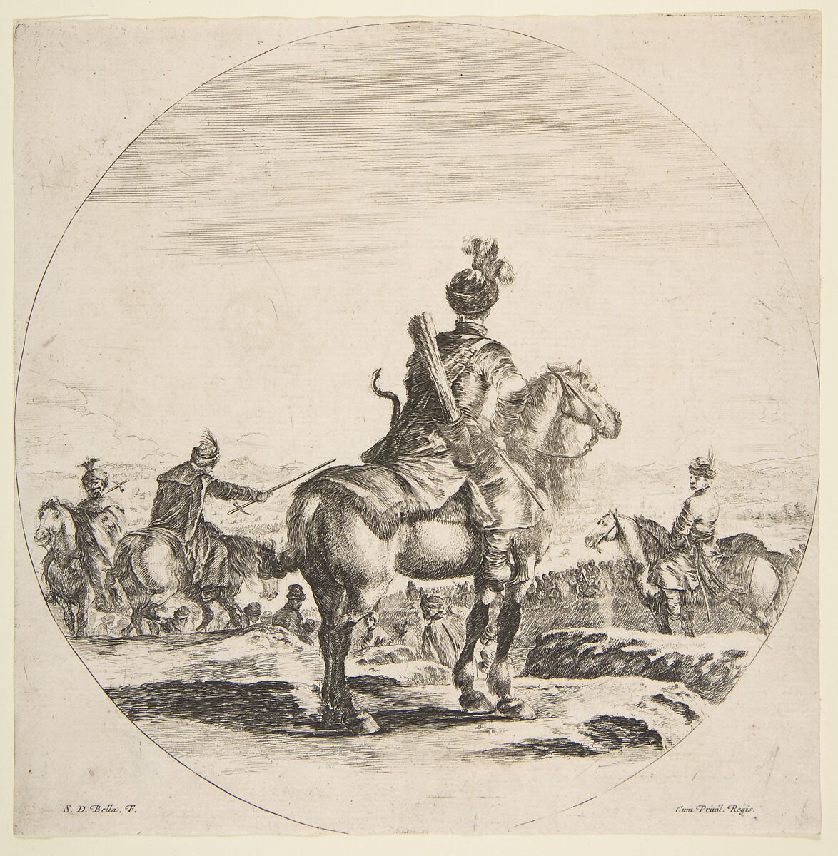 Polish horseman with a bow and arrow, seen from behind with his horse facing right, a circular composition, from 'Figures on Horseback' (Cavaliers nègres, polonais et hongrois), Stefano della Bella (Italian, Florence 1610–1664 Florence), Etching 