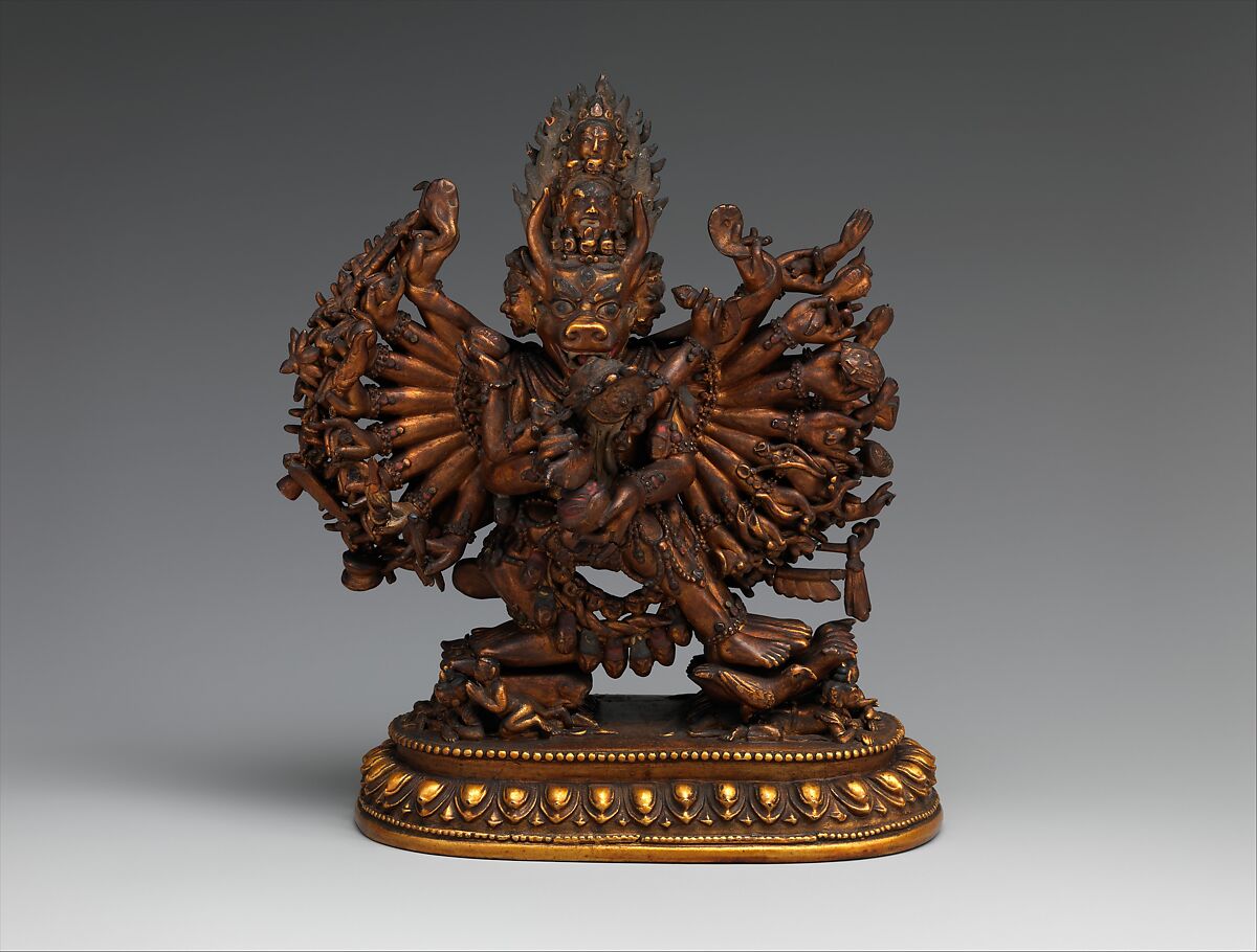 Vajrabhairava with His Consort Vajravetali, Tung oil stucco, wood, gold, cinnabar, and other pigments, Mongolia 