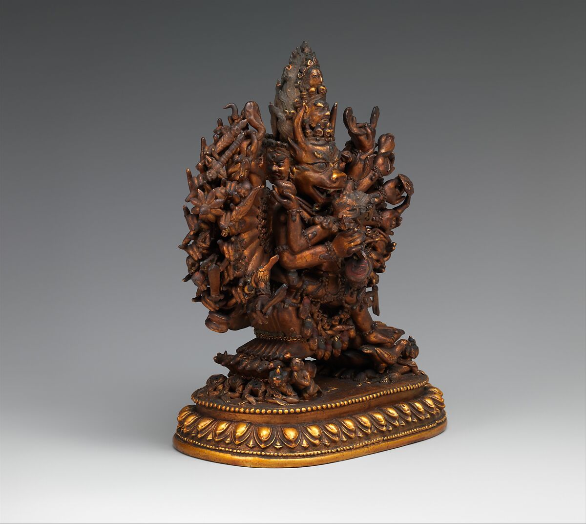 Vajrabhairava with His Consort Vajravetali, Tung oil stucco, wood, gold, cinnabar, and other pigments, Mongolia