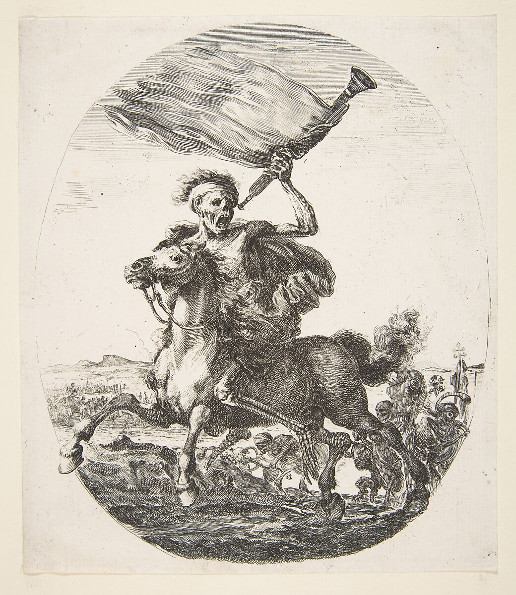Death on horseback holding a trumpet, from 'The five deaths' (Les cinq Morts), Etched by Stefano della Bella (Italian, Florence 1610–1664 Florence), Etching with engraving; second state of three 