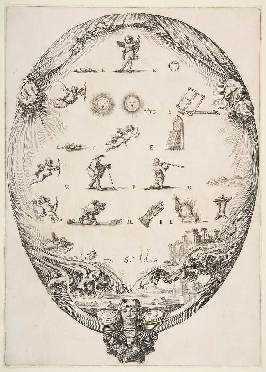 Rébus on the subject of love, a riddle depicted on drapery, below a landscape with a pyramid and two obelisks, a bust of a sphinx at bottom, an oval composition, Stefano della Bella (Italian, Florence 1610–1664 Florence), Etching 