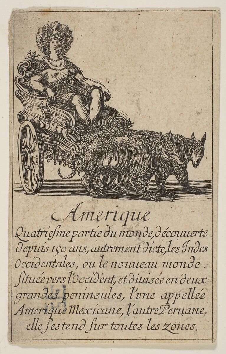 Allegory of America, from the playing cards "Jeu de la Géographie", Stefano della Bella (Italian, Florence 1610–1664 Florence), Etching 