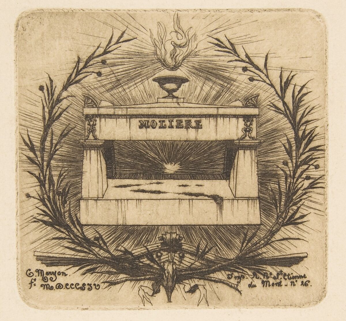 Molière's Tomb, Père-Lachaise Cemetery, Paris, Charles Meryon (French, 1821–1868), Etching; first state of two 