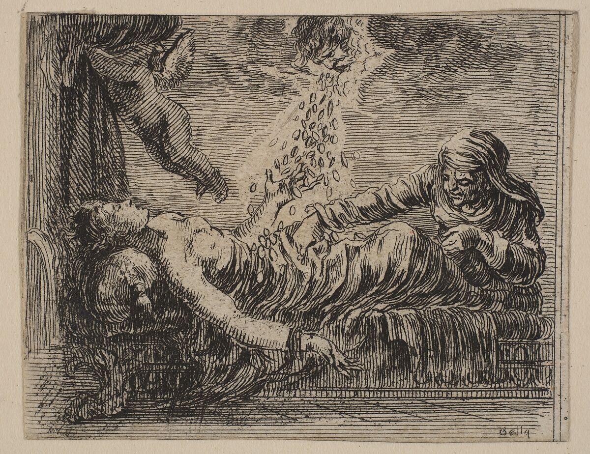 Jupiter and Danäe, from 'Game of Mythology' (Jeu de la Mythologie), Etched by Stefano della Bella (Italian, Florence 1610–1664 Florence), Etching; first state of five 
