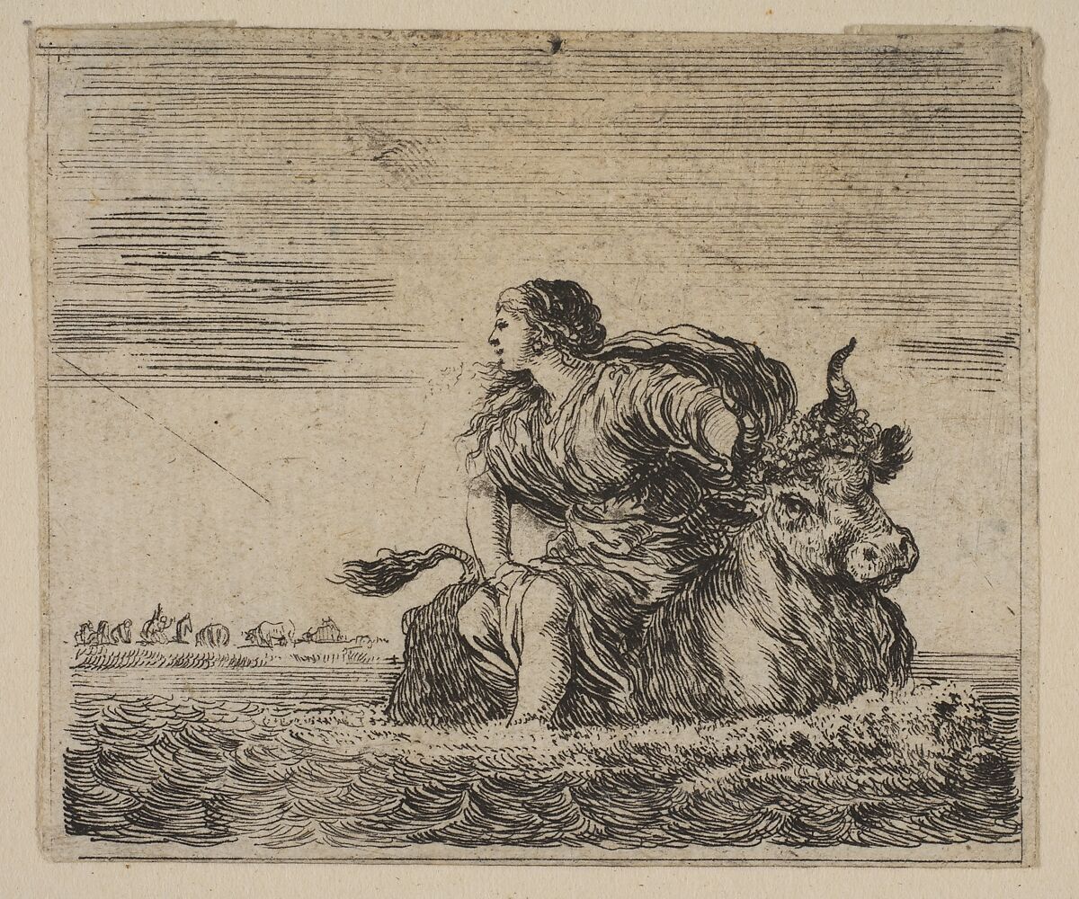 Jupiter and Europa, from 'Game of Mythology' (Jeu de la Mythologie), Etched by Stefano della Bella (Italian, Florence 1610–1664 Florence), Etching; first state of five 