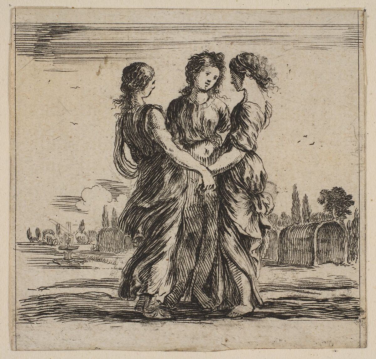 The three graces, from 'Game of Mythology' (Jeu de la Mythologie), Etched by Stefano della Bella (Italian, Florence 1610–1664 Florence), Etching; first state of five 