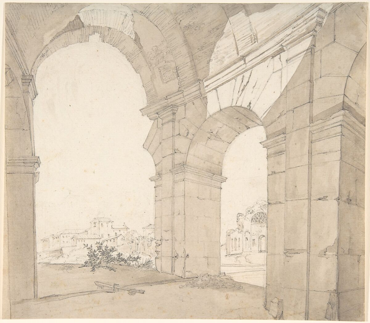 View of the Baths of Caracalla (?) in Rome, Daniël Dupré (Dutch, Amsterdam 1751–1817 Amsterdam), Graphite, brown wash 