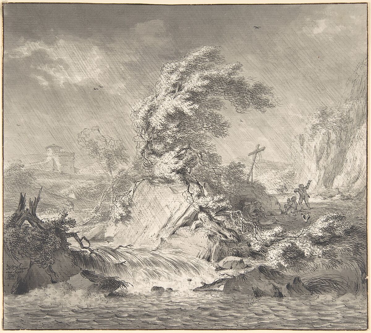 Stormy Landscape, Hendrik Meijer (Dutch, Amsterdam 1744–1793 London), Pen and black ink, brush and gray wash 