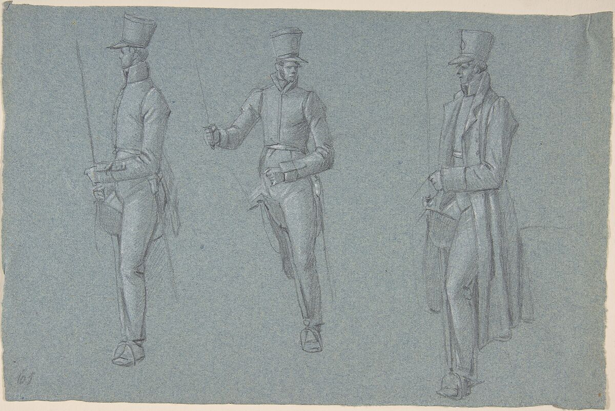 Three studies on a man on a saddle, Wilhelm von Kobell (German, Mannheim 1766–1853 Munich), Black chalk (or graphite?) and white chalk, on blue paper 