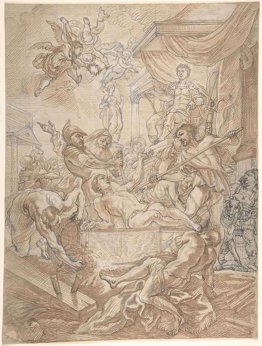 The Maryrdom of Saint Lawrence, attributed to Rombout Eynhoudts (Dutch, Antwerp 1613–1680 Antwerp), Pen and brown and black ink, white gouache, over a sketch in black and red chalk 