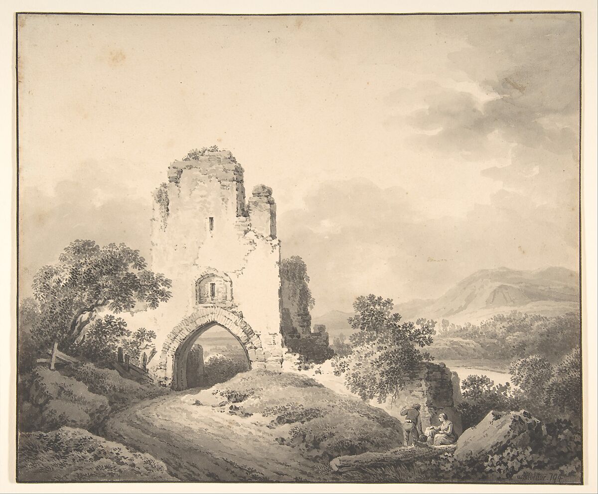 Landscape with a Ruined Tower and Two Figures, Martin von Molitor (Austrian, Vienna 1759–1812 Vienna), Brush and gray ink. Framing line in pen and black ink. 