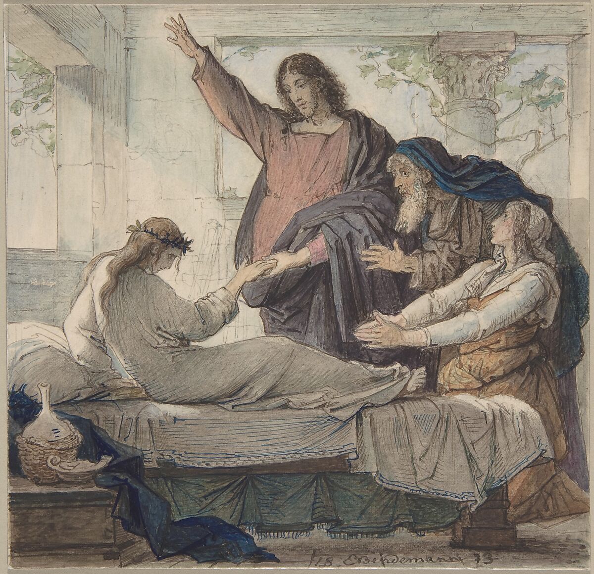 The Raising of the Daughter of Jairus, Eduard Julius Friedrich Bendemann (German, Berlin 1811–1889 Düsseldorf), Pen and brown and blue ink, watercolor, over a sketch in graphite 