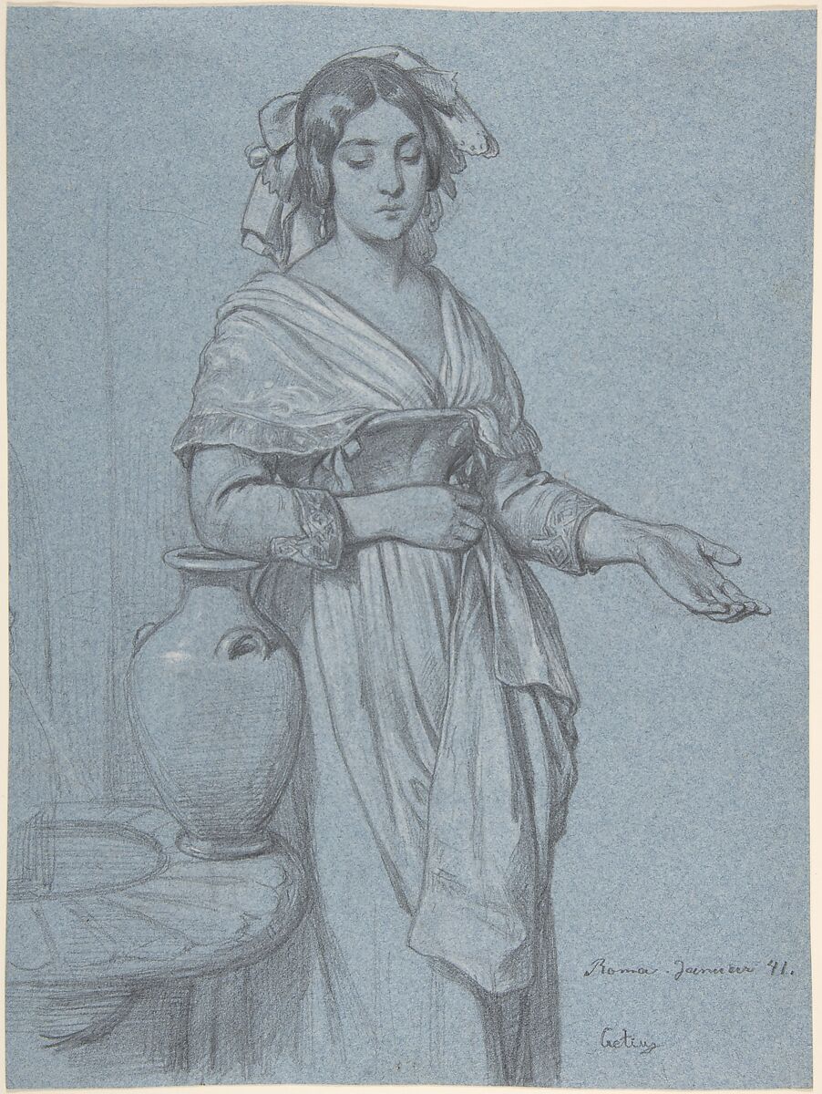 Study of a Roman Woman, Konstantin Johannes Franz Cretius (German, Brieg 1814–1901 Berlin), Graphite and white gouache 