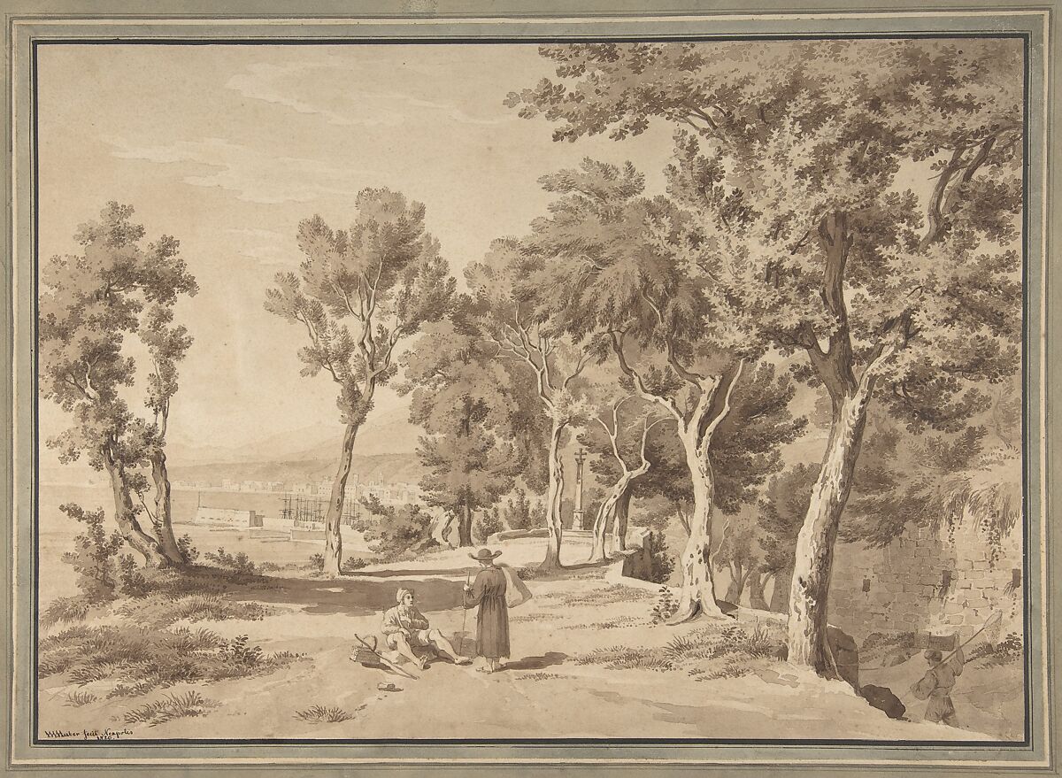 Figures in a Grove above  the Bay of Naples, Jakob Wilhelm Huber (German, Dusseldorf 1787–1871 Zurich), Brush and brown ink 