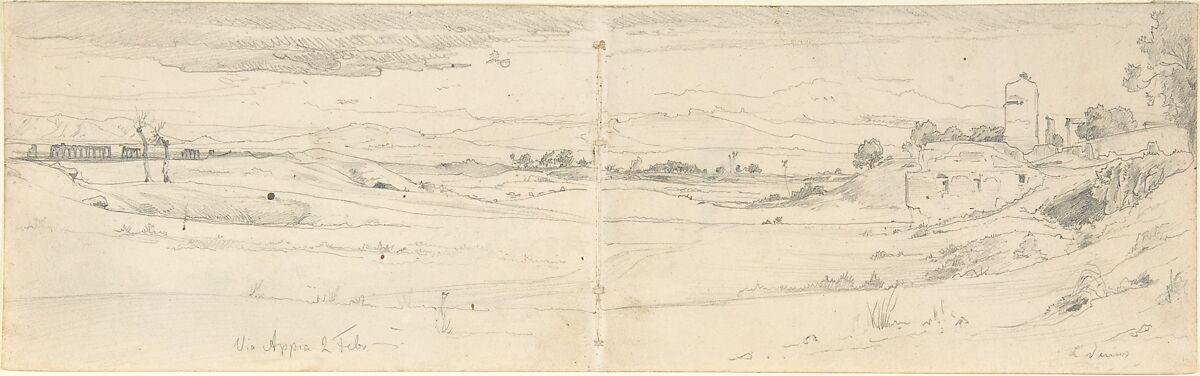 View of the Appian Way, August Leopold Venus (German, Dresden 1843–1886 Pirna), Graphite 
