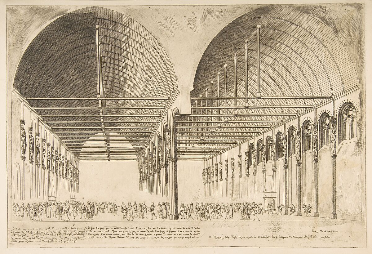 La salle des pas-perdus a l'ancien Palais de Justice (The antechamber of the Palais de Justice, Paris, Reproduction after the original by Jacques Anrouet Du Cerceau), Charles Meryon (French, 1821–1868), Etching (from a pewter plate) 