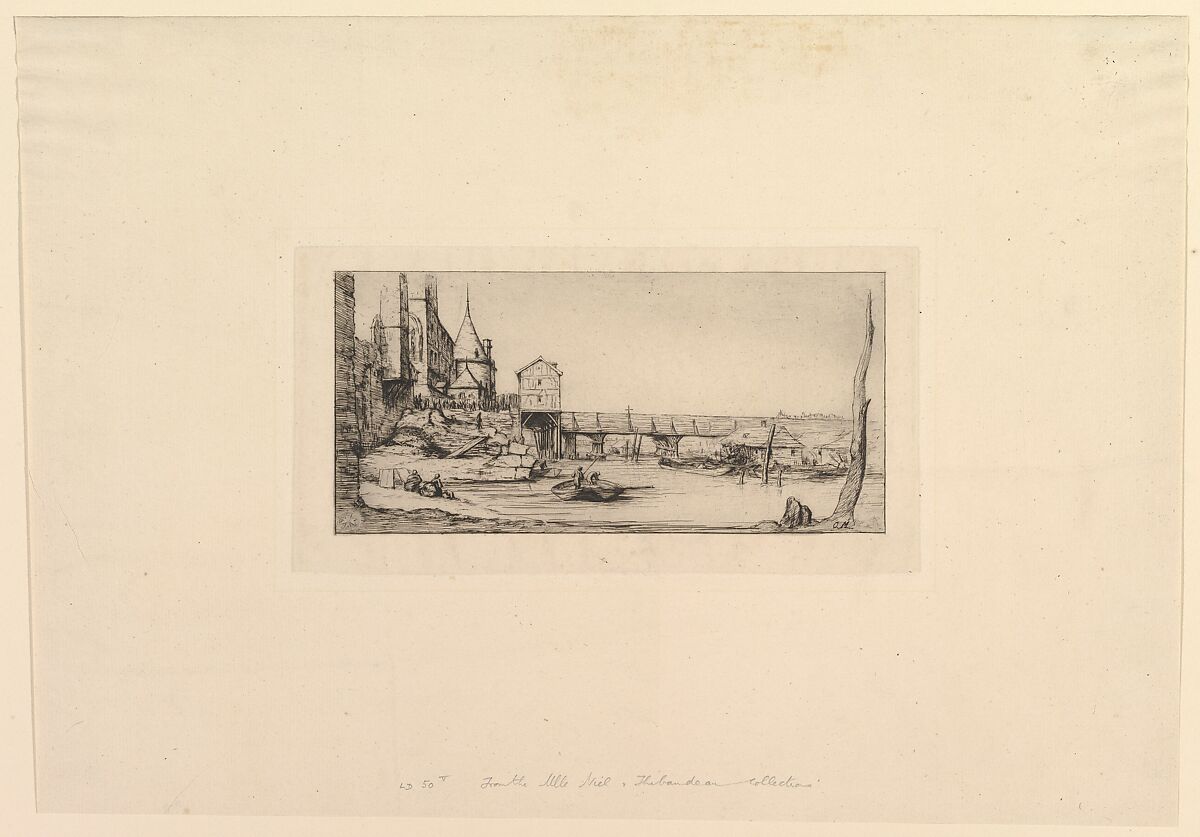 Passerelle du Pont-au-Change, après l'incendie de 1621 (The Footbridge temporarily replacing the Pont-au-Change, Paris, after the fire of 1621, after Della Bella), Charles Meryon (French, 1821–1868), Etching 