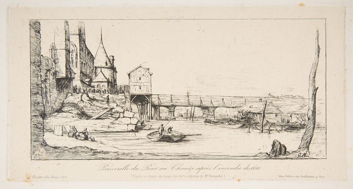 The footbridge temporarily replacing the Pont-au-Change, Paris, after the fire of 1621, after della Bella, Charles Meryon (French, 1821–1868), Etching; seventh state of twelve 
