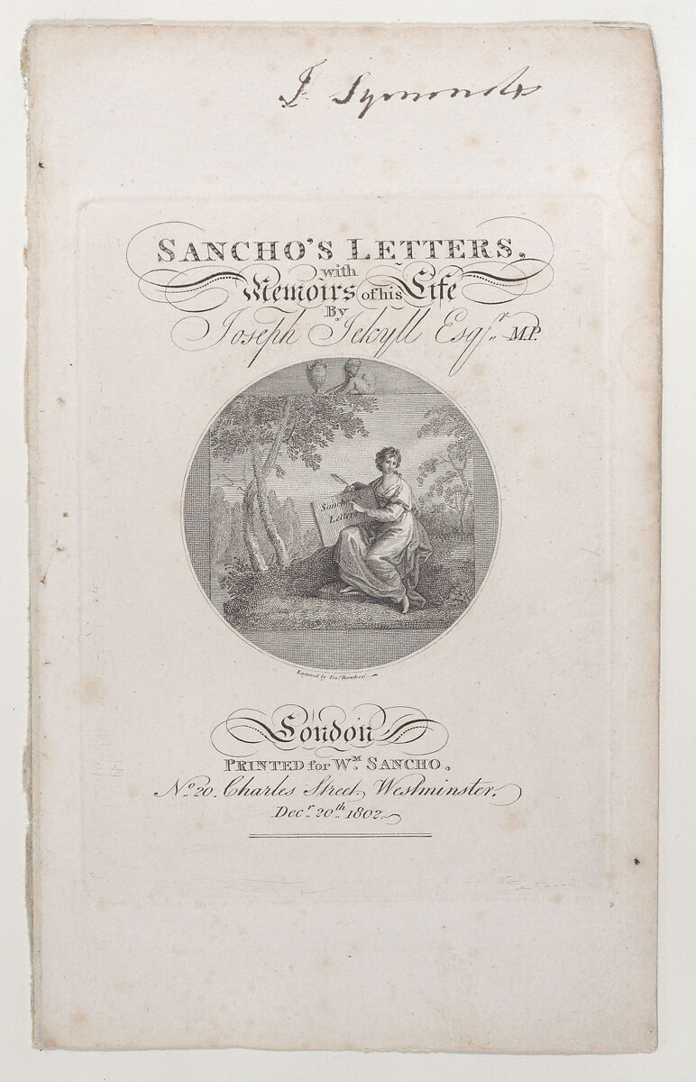 Title Page, "Sancho's Letters, with Memoirs of his Life," by Joseph Jekyll, Esq., M.P., Francesco Bartolozzi (Italian, Florence 1728–1815 Lisbon), Etching and engraving; fourth state of four 