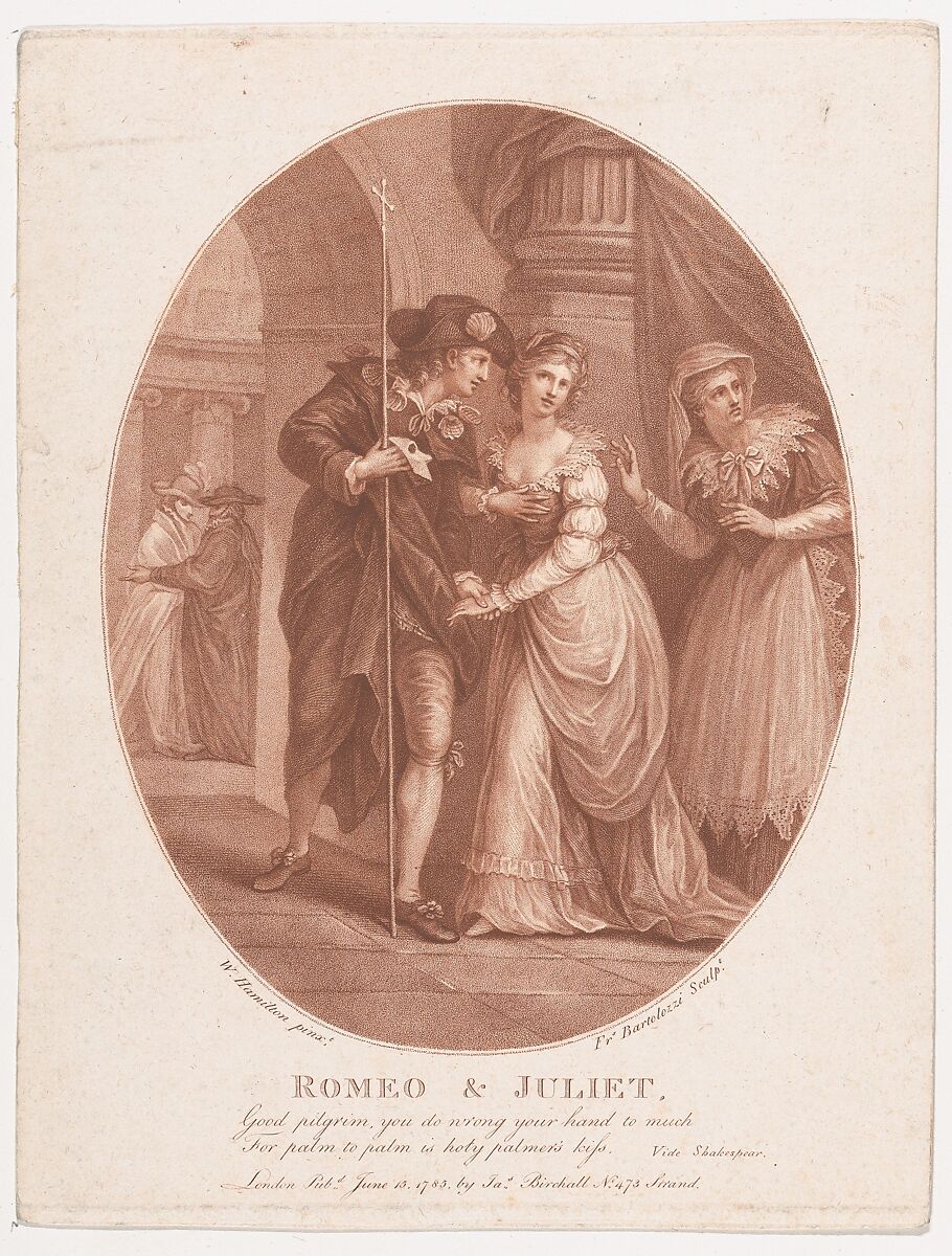 Romeo and Juliet at the Masquerade (Shakespeare, Romeo and Juliet, Act 1, Scene 5), Francesco Bartolozzi (Italian, Florence 1728–1815 Lisbon), Stipple engraving, and etching, printed in brown ink 