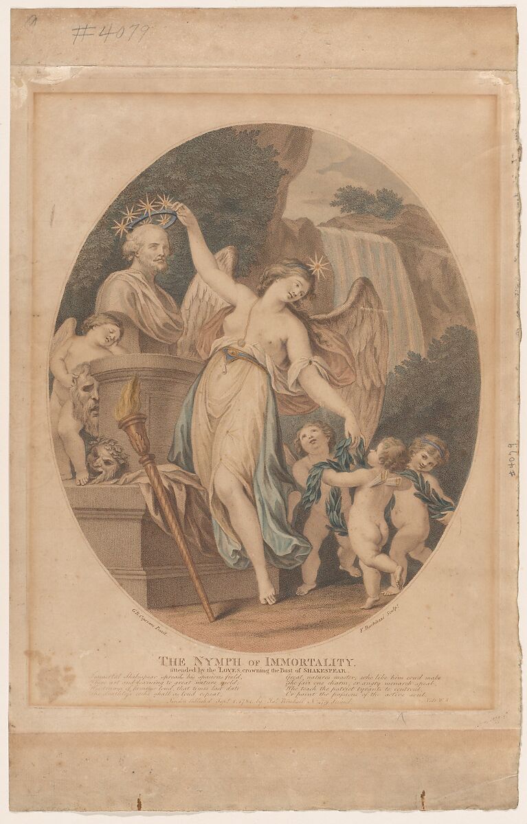 The Nymph of Immortality, Attended by the Loves, Crowning the Bust of Shakespeare, Francesco Bartolozzi (Italian, Florence 1728–1815 Lisbon), Stipple engraving and etching, hand colored; fifth state of five 