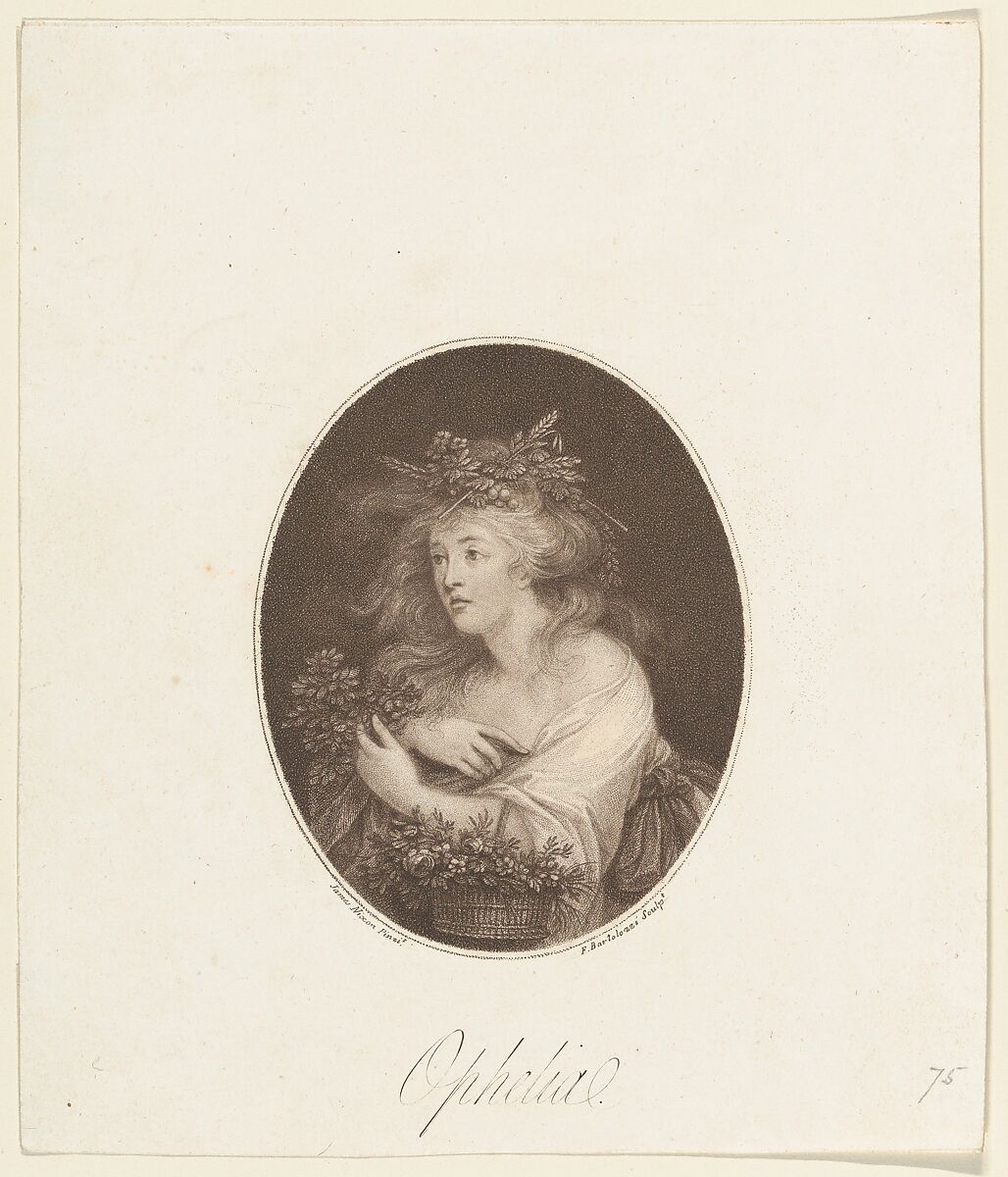 Ophelia (Shakespeare, Hamlet, Act 4), Francesco Bartolozzi (Italian, Florence 1728–1815 Lisbon), Etching and stipple engraving, printed in brown ink; fourth state of four 